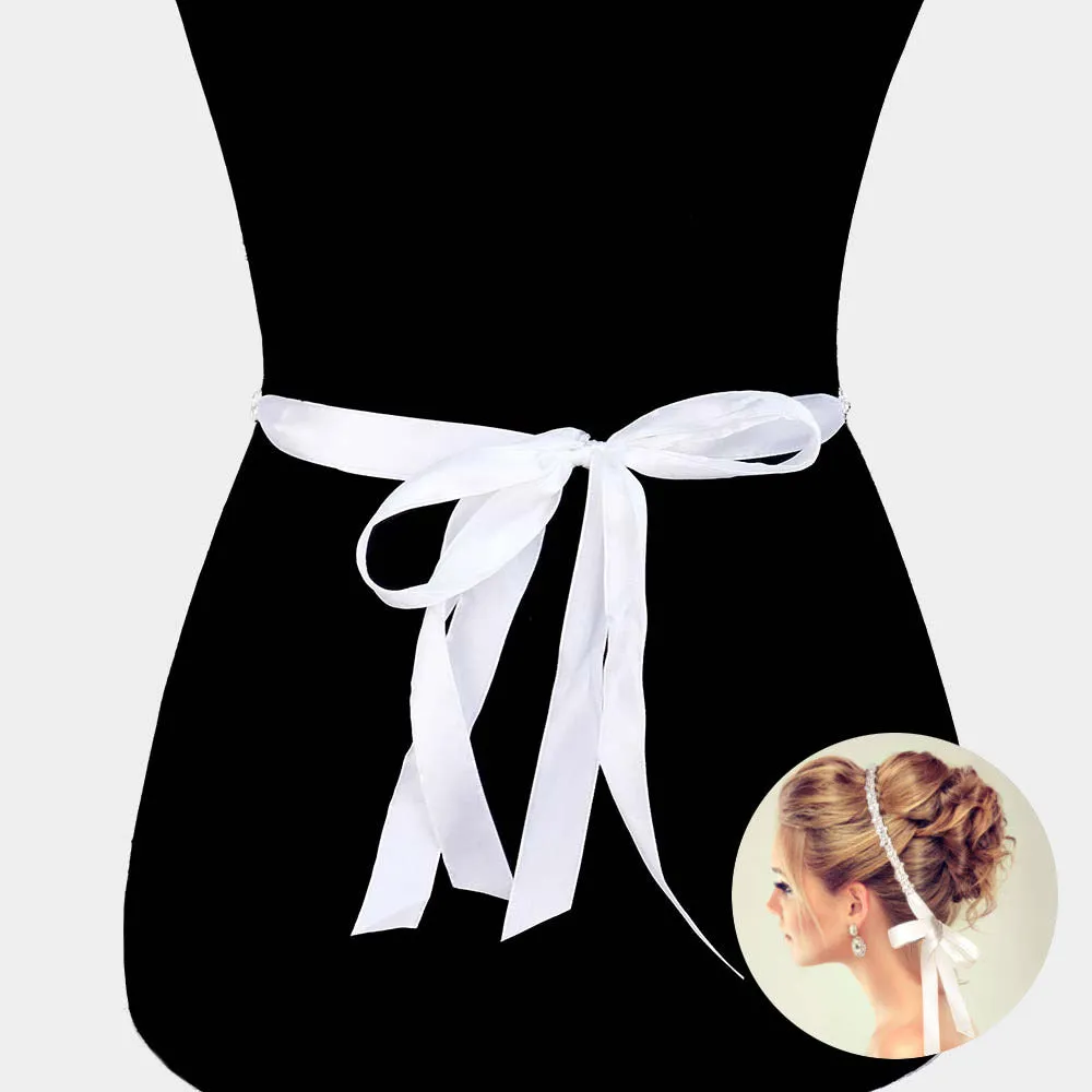 iLLASPARKZ CZ Stone Paved Bow Pointed Sash Ribbon Bridal Wedding Belt / Headband