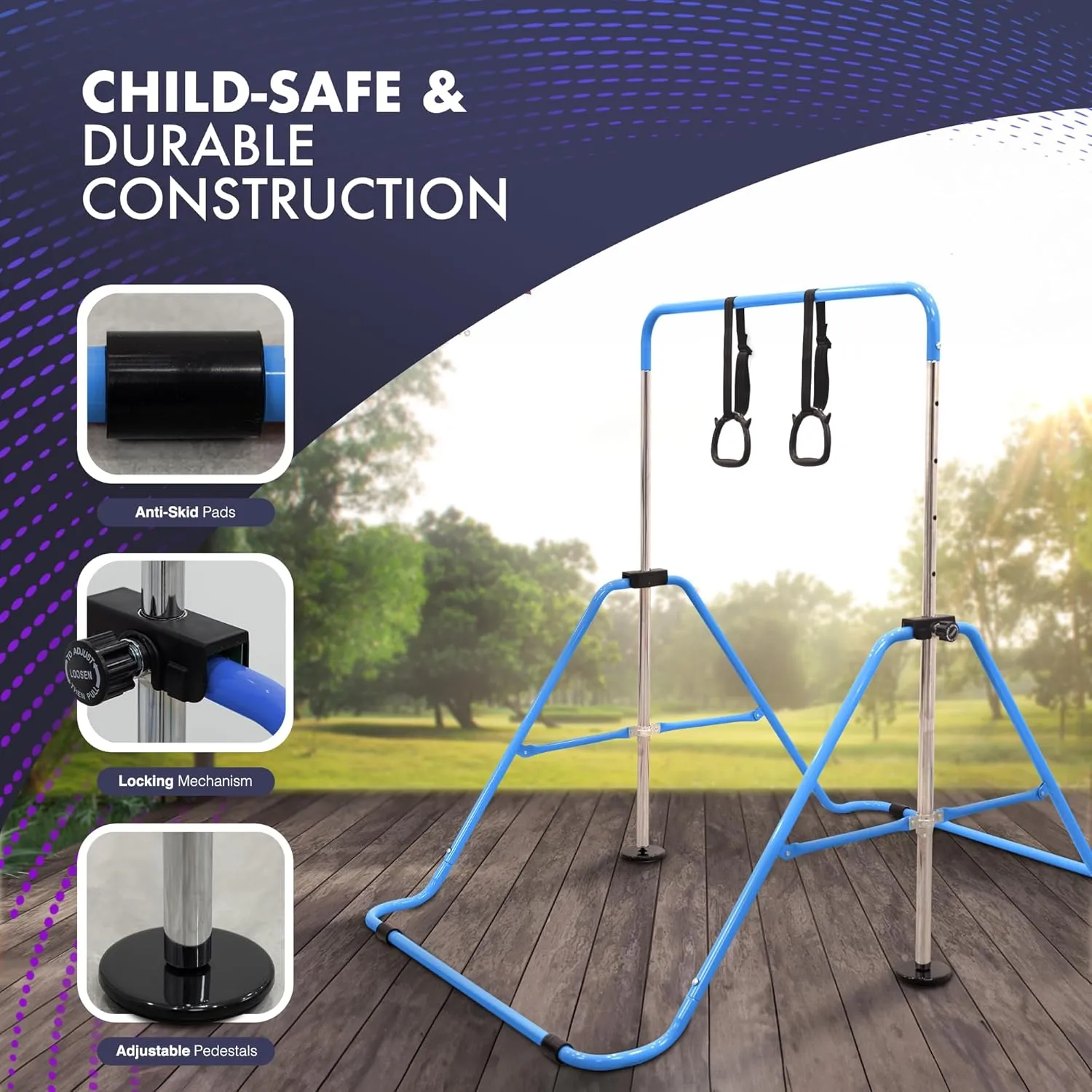 KAYMAN Foldable Gymnastics Horizontal Bar – Adjustable Height & Feet, Hand Protection Wrap, Durable Iron for Flexibility Training – Compact & Stylish Home Gym Equipment