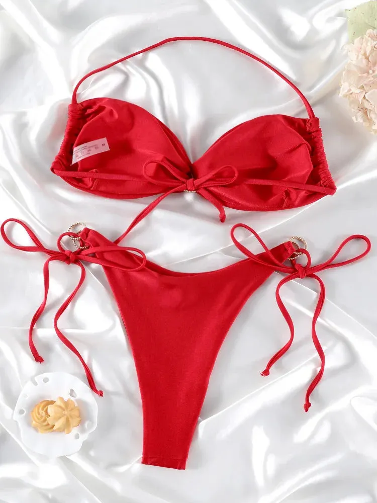 Red Solid Push-Up Bikini Set