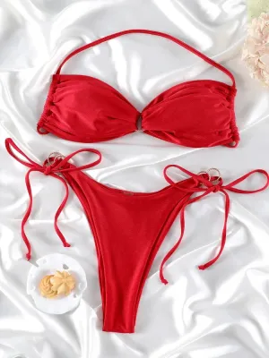 Red Solid Push-Up Bikini Set