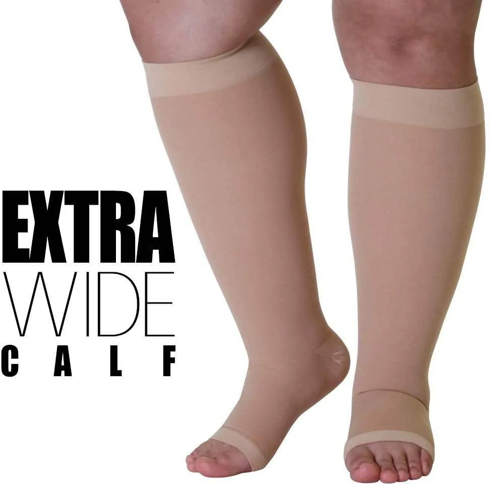ROYALUCK Plus Size Open Toe Compression Socks 20-30mmHg Knee-Hi Extra Wide Support StockingsM-5XL
