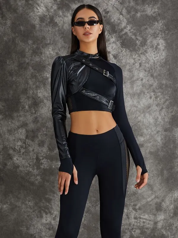 ZASUWA Female PU Net Thumbholes High-rise Hip-lift Leggings