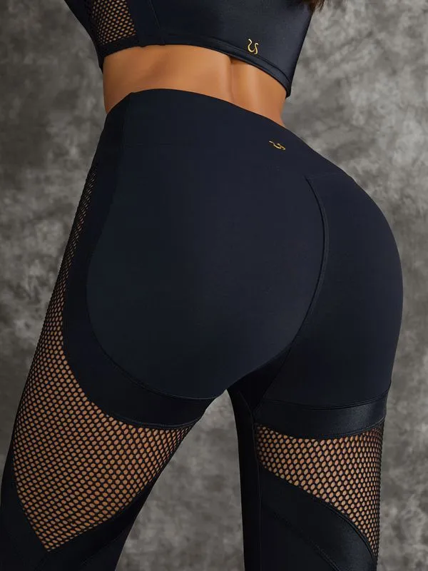 ZASUWA Female PU Net Thumbholes High-rise Hip-lift Leggings