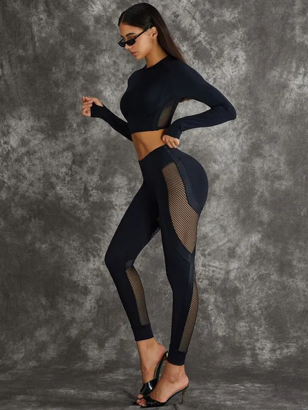 ZASUWA Female PU Net Thumbholes High-rise Hip-lift Leggings