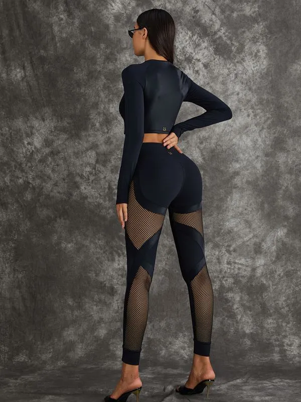 ZASUWA Female PU Net Thumbholes High-rise Hip-lift Leggings